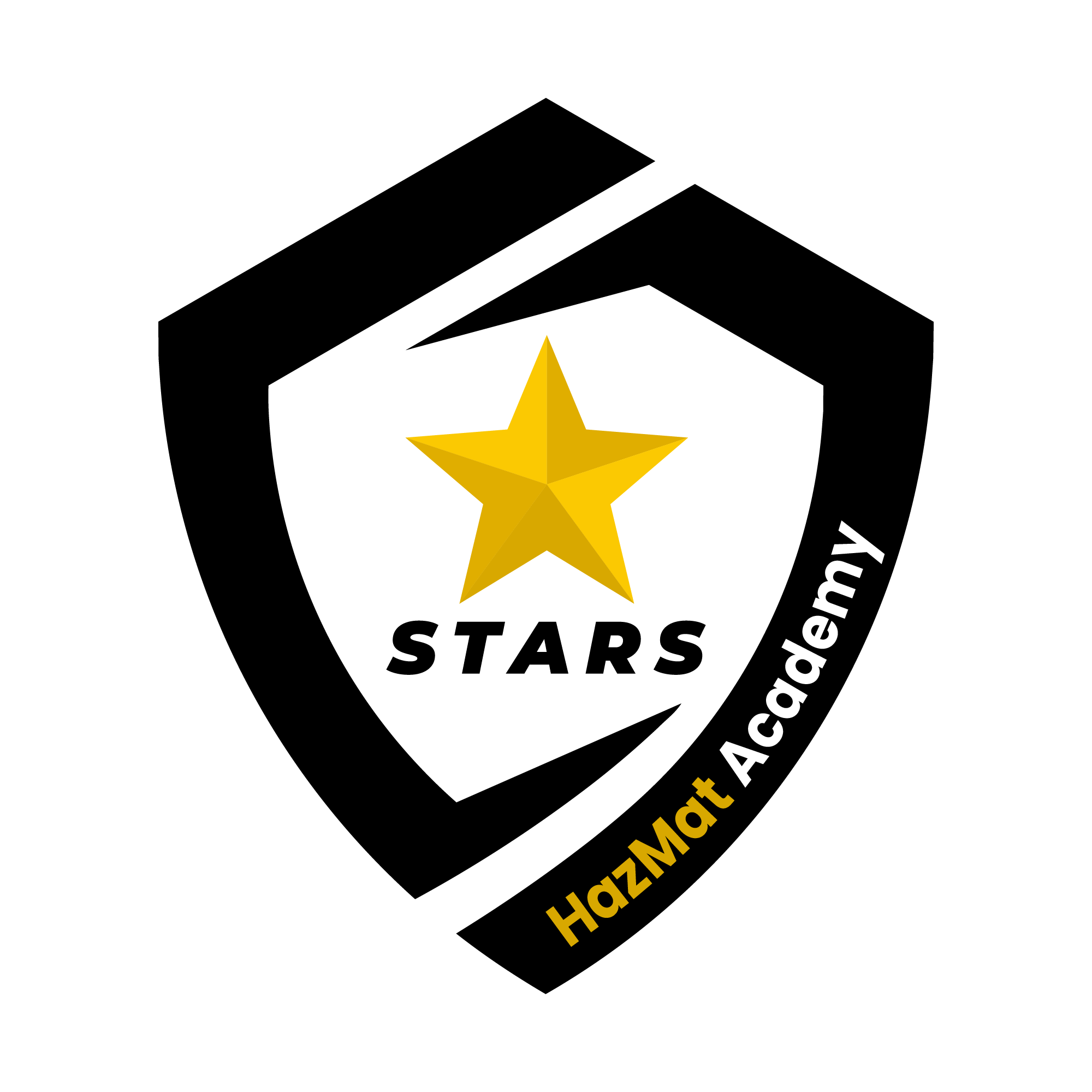 A black outlined shield with a star and the word stars, up one side of the shield is Hazmat Academy
